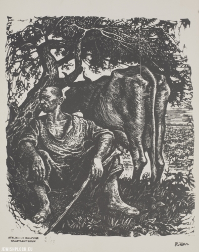 Fiszel Zylberberg, graphic art, "Dairy farmer with a cow"(source: Polona/National Library)